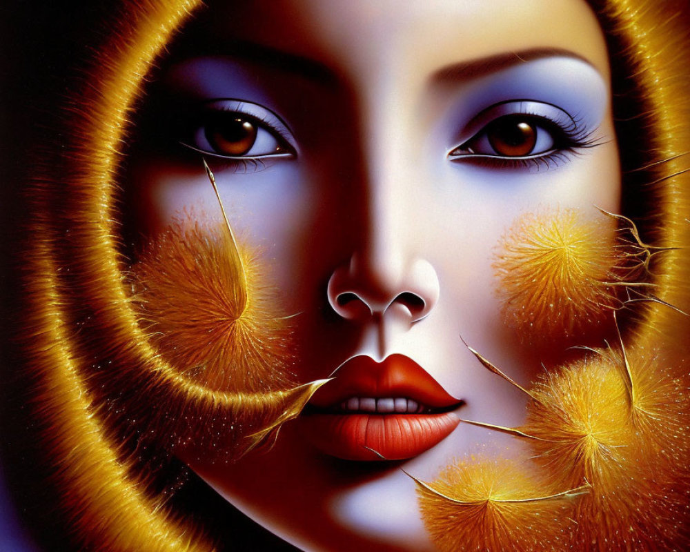 Detailed Hyperrealistic Woman's Face Surrounded by Golden Dandelion Seeds