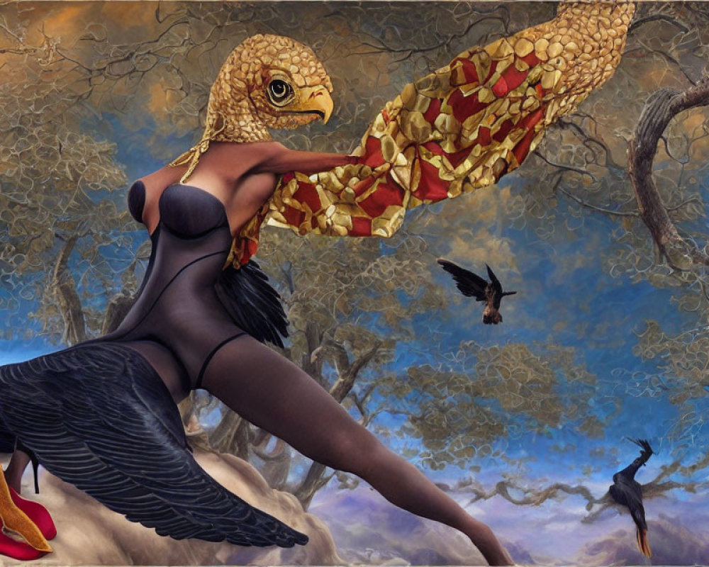 Surreal artwork of woman with bird-like features in fantastical landscape