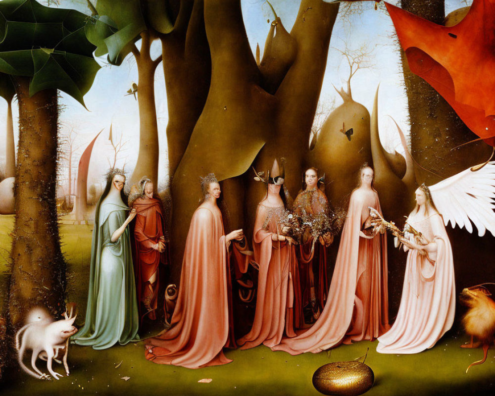 Ethereal figures in flowing robes with unicorn, egg, and white-winged figure in fantastical