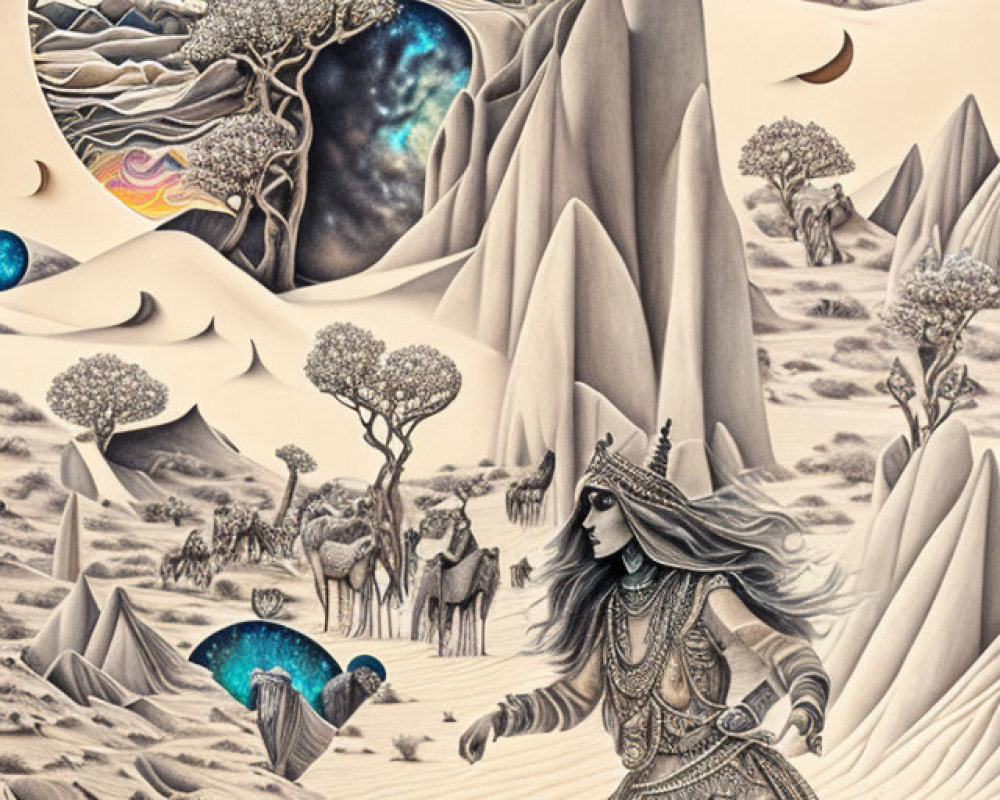 Surreal illustration of warrior woman, mystical trees, animals, and cosmic desert landscape