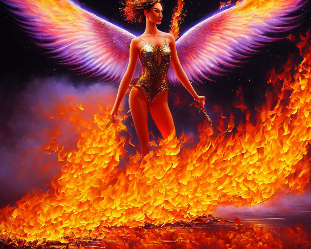 Digital artwork of mythical female figure with fiery spread wings rising from flames