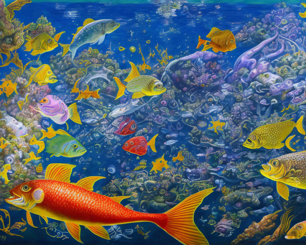 Colorful Fish Swimming Among Coral Reefs in Vibrant Underwater Scene