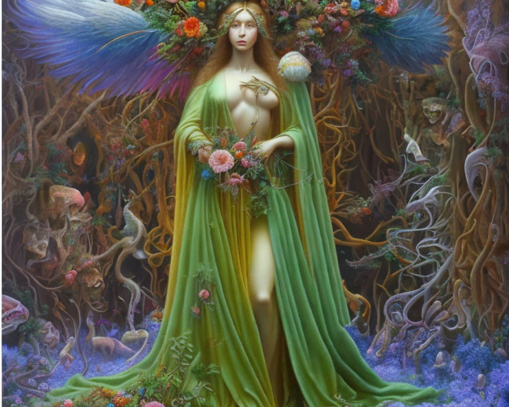 Winged woman in green robe surrounded by vibrant nature scene