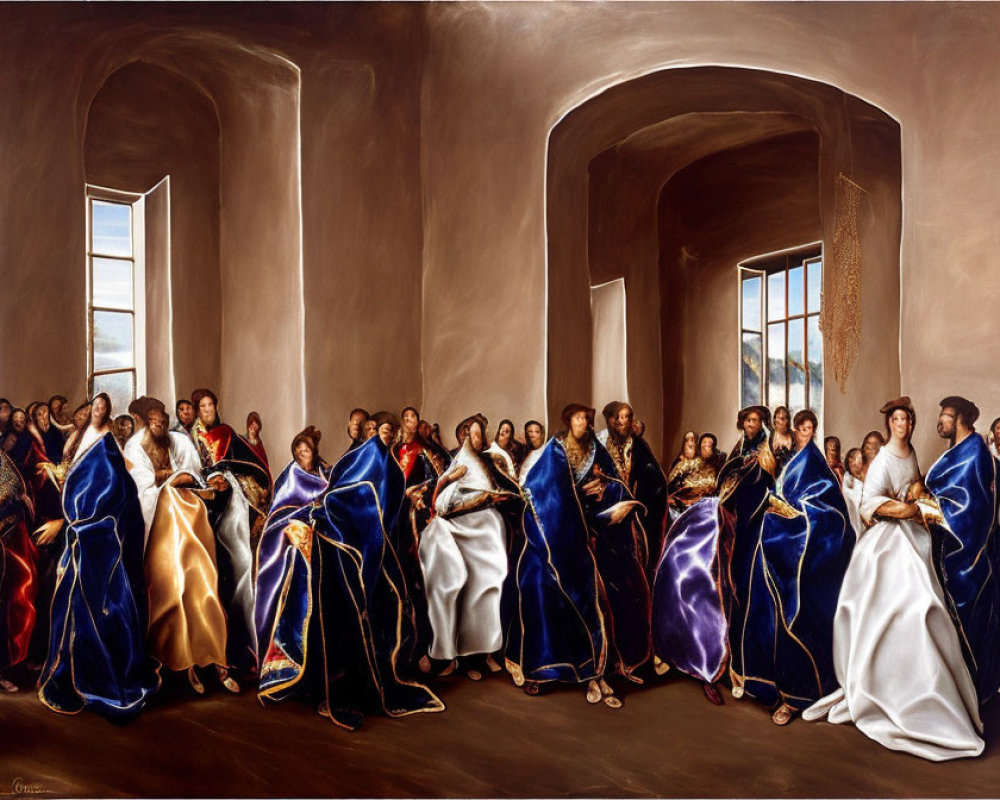 Elegantly dressed historical figures in a spacious room