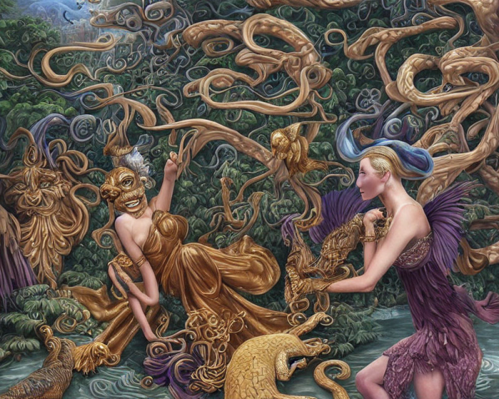 Surreal painting featuring golden figure, masked woman, and mystical creatures.