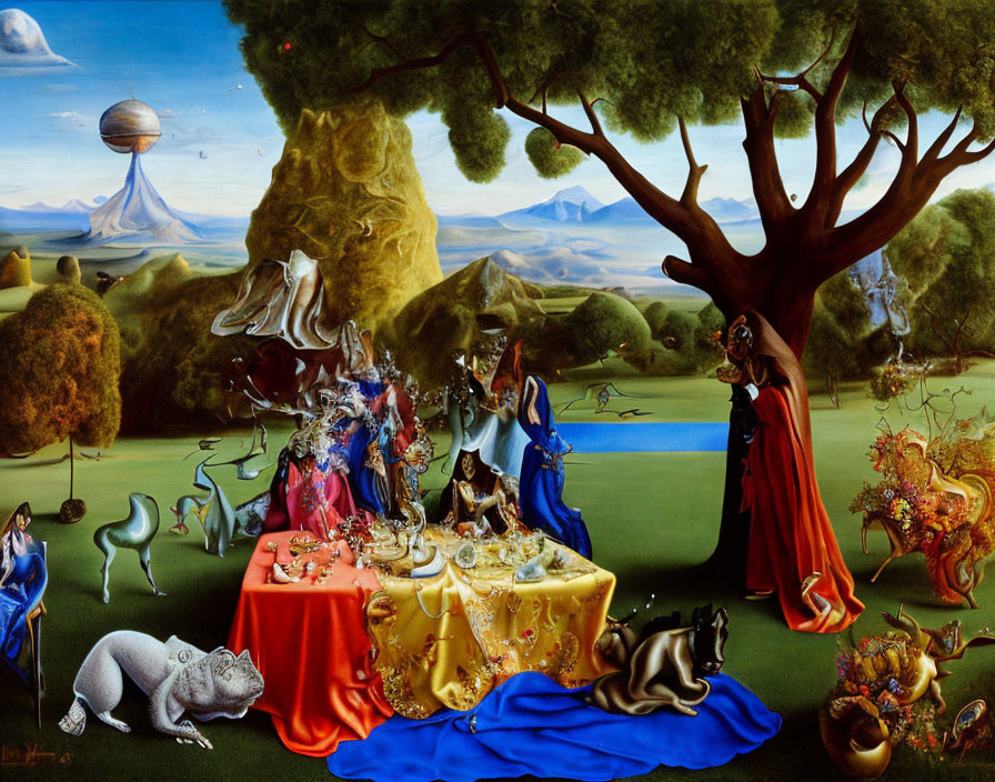 Surreal painting: Classical and futuristic elements, outdoor feast, fantastical creatures, floating city