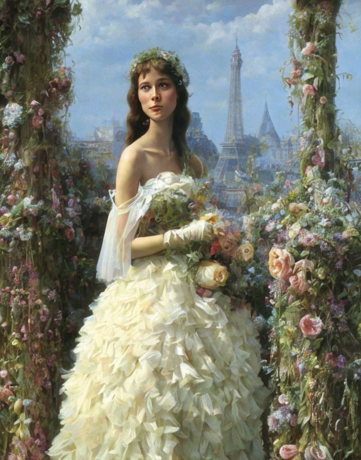 Woman in white gown with flowers in front of Eiffel Tower and floral arches