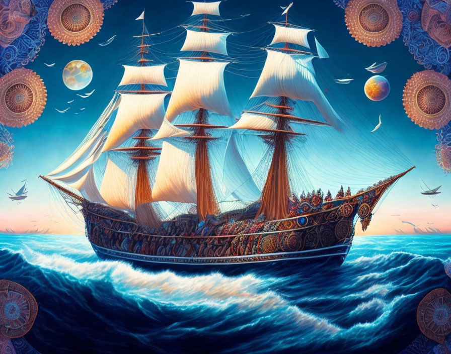 Intricate sailing ship on surreal ocean with celestial sky