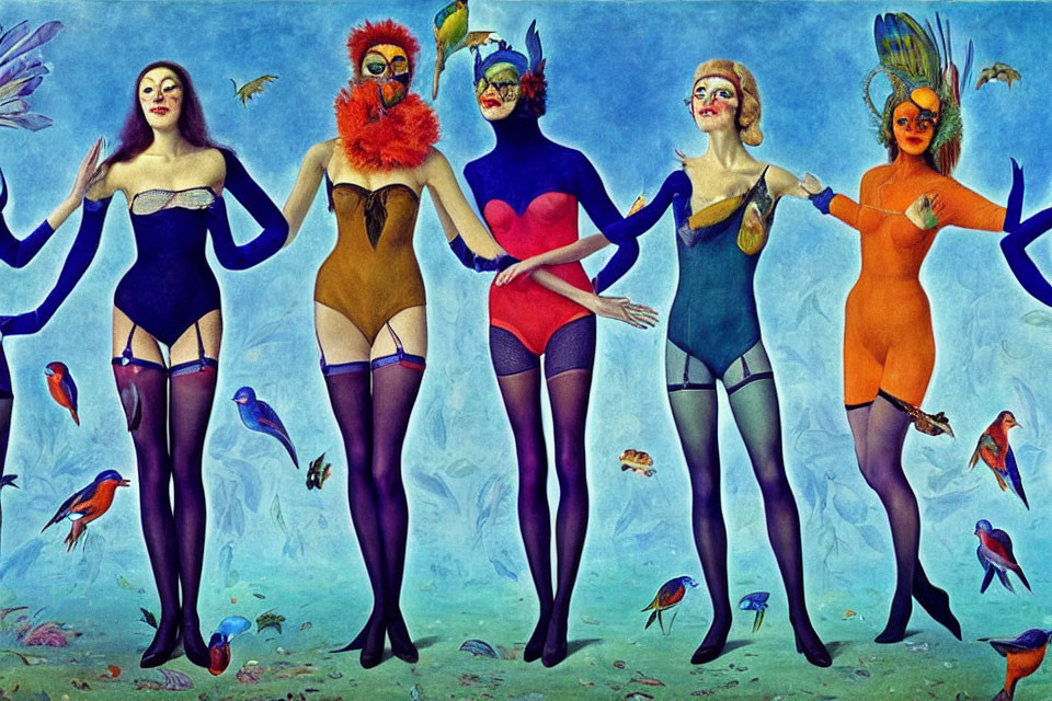 Five women in colorful bodysuits with bird masks and wings on blue backdrop.