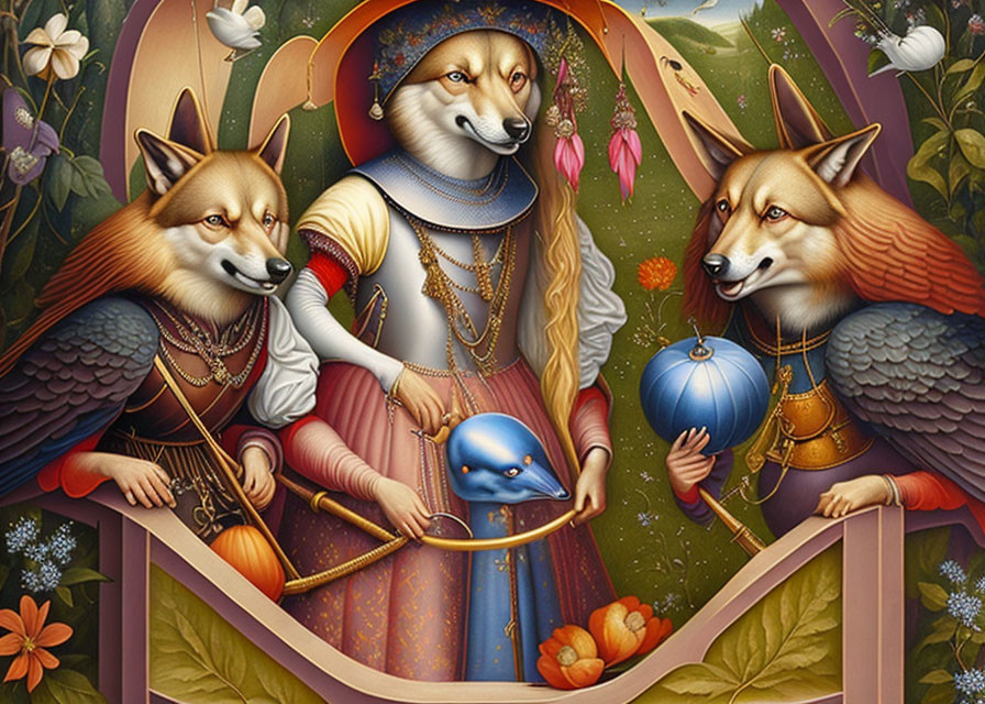 Anthropomorphic foxes in renaissance attire with bird on golden hoop amidst vibrant flora