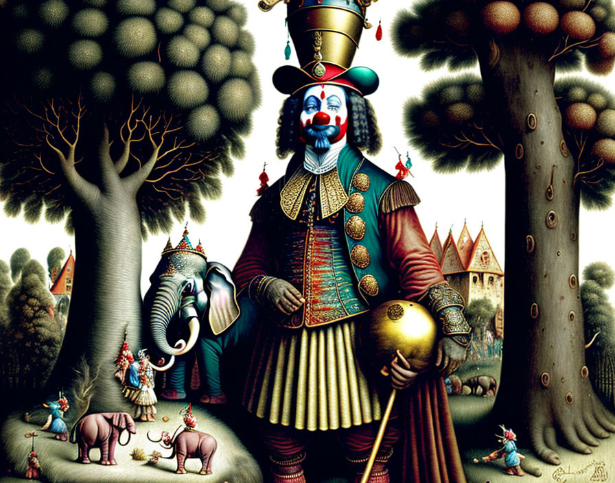 Surreal Clown Artwork with Elephants and Whimsical Trees