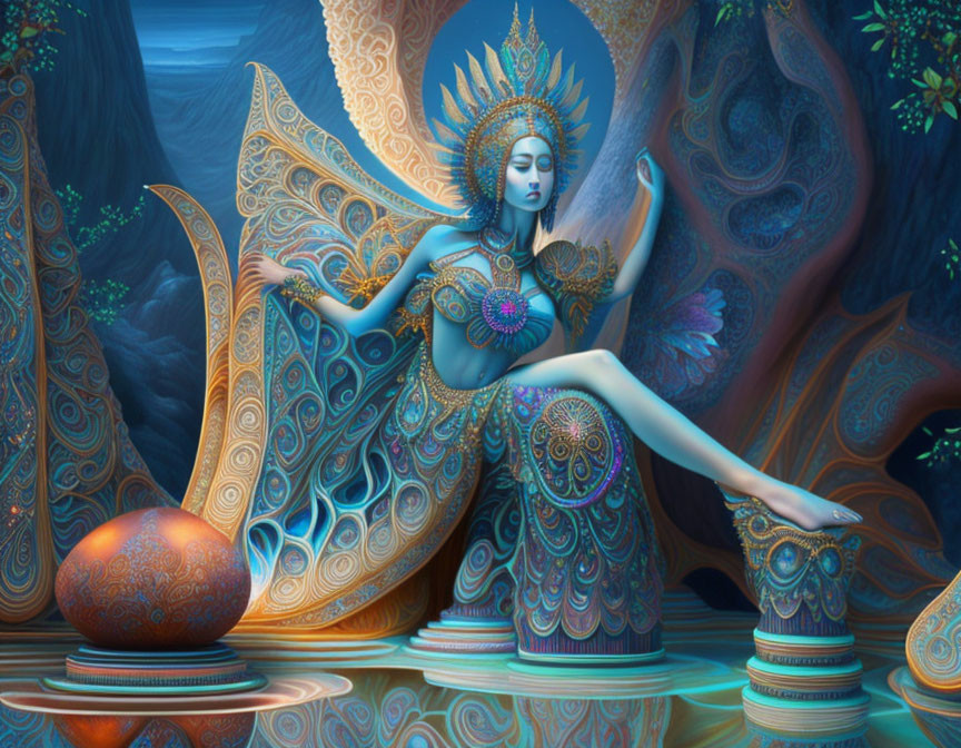 Intricate illustration of mystical female figure with golden wings in blue forest