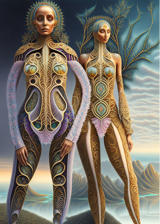 Ornate humanoid figures in alien landscape at dusk