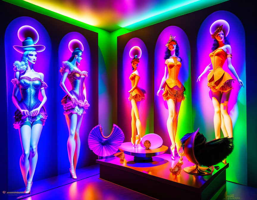 Vibrant cabaret-style mannequins in dramatic lighting