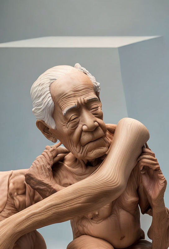 Elderly man sculpture in contemplative pose