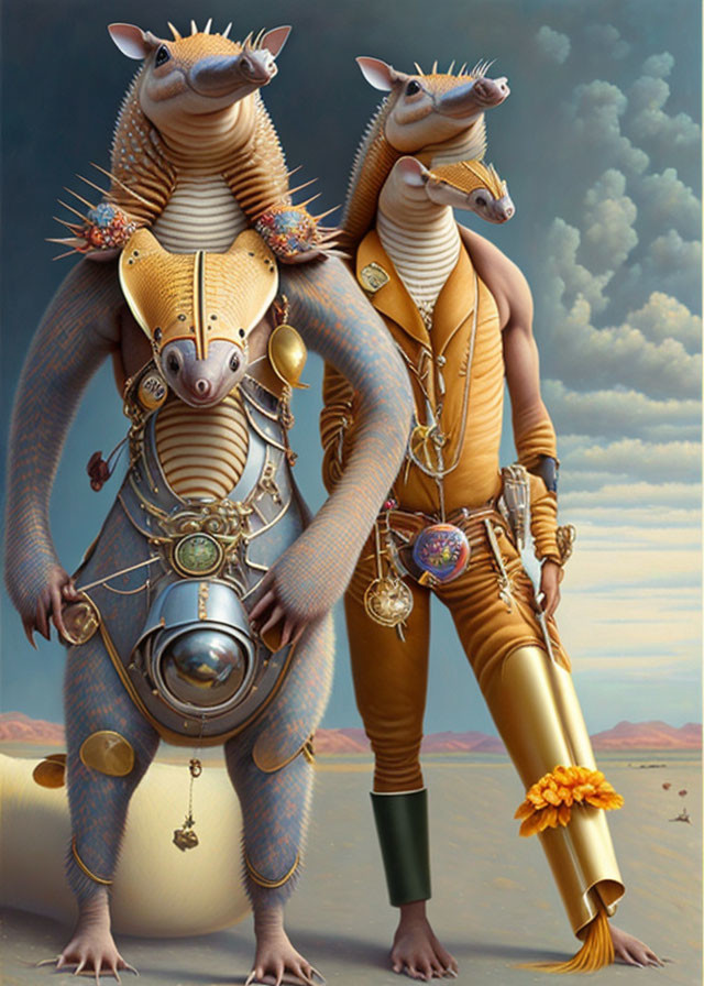 Surreal artwork: humanoid figures with zebra heads in desert landscape