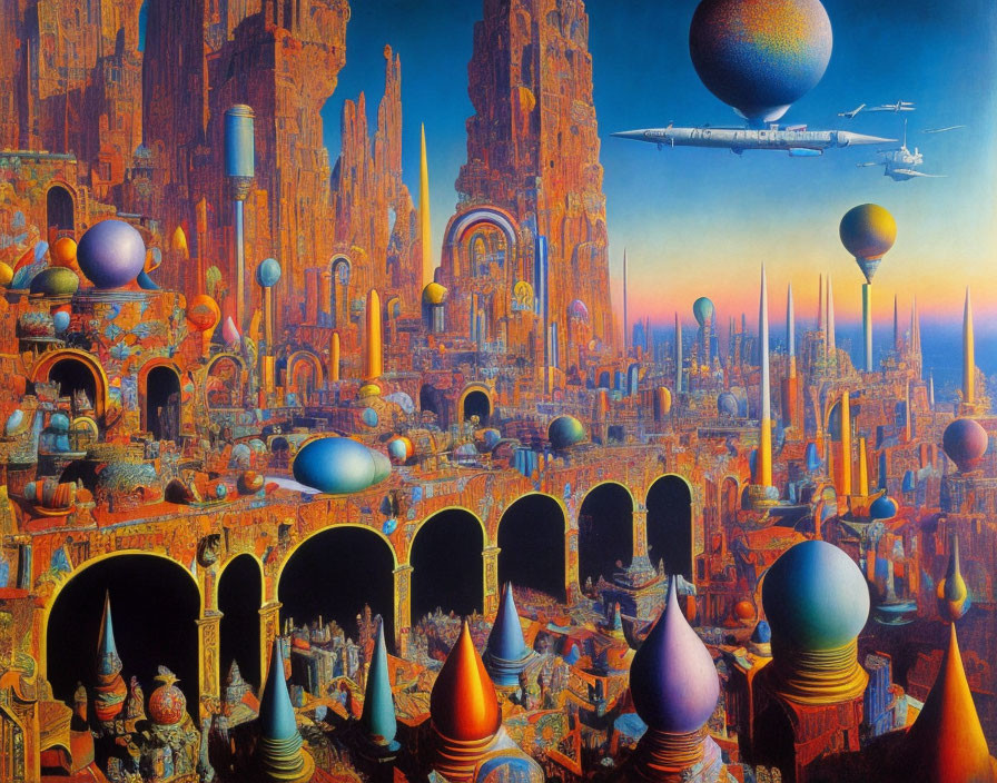 Futuristic sci-fi cityscape with spires, arches, and airship under orange sky