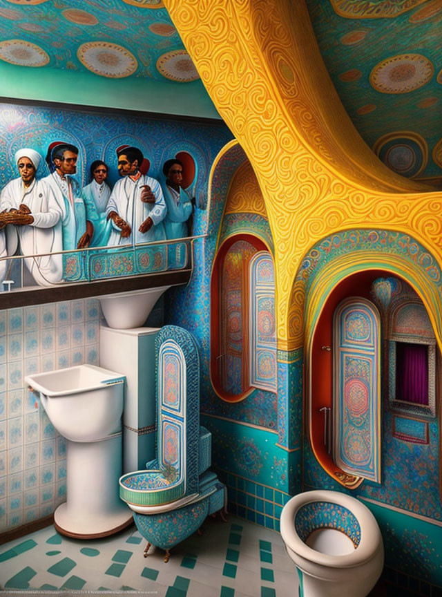 Vibrant and Elaborate Stylized Bathroom with Surreal Elements