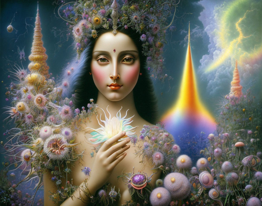 Fantastical portrait of a woman with floral hair in mystical landscape