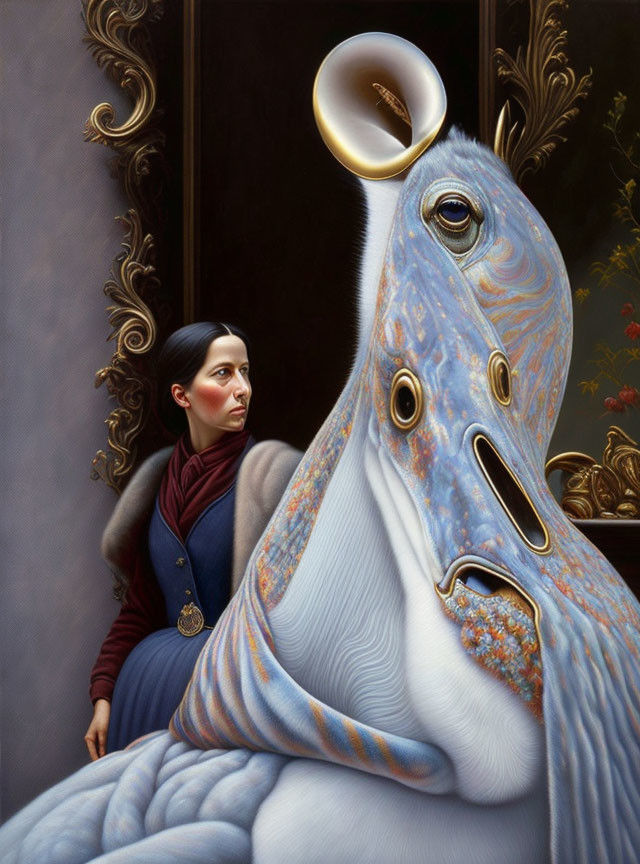 Surreal painting featuring woman merged with fantastical creature