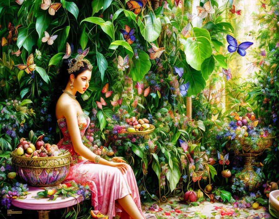 Woman surrounded by plants, fruit, and butterflies in lush garden landscape