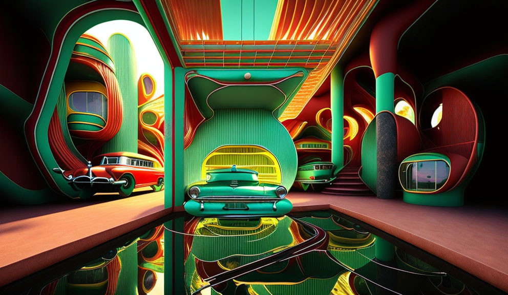 Colorful surreal interior with glossy floor and vintage cars reflected, surrounded by undulating walls in red,