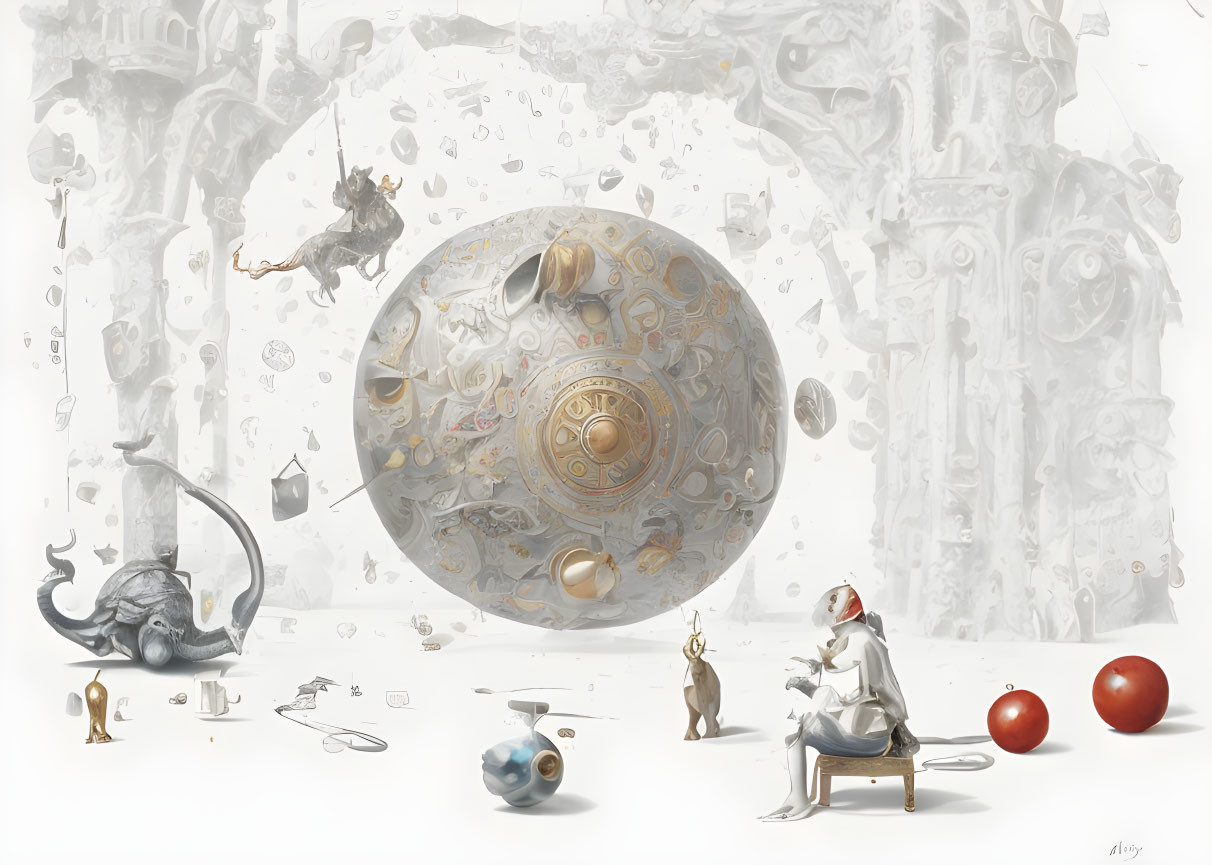 Surreal artwork featuring anthropomorphic animals and floating orbs