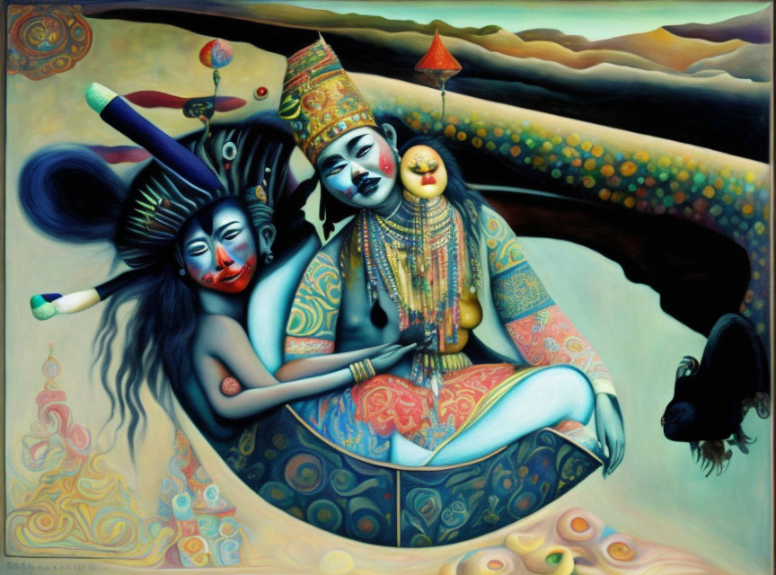 Surreal painting featuring stylized figures in embrace with tribal makeup and costumes, set in dreamlike