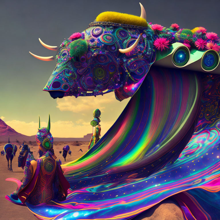 Colorful psychedelic artwork: Bull, flowers, and figure in desert landscape