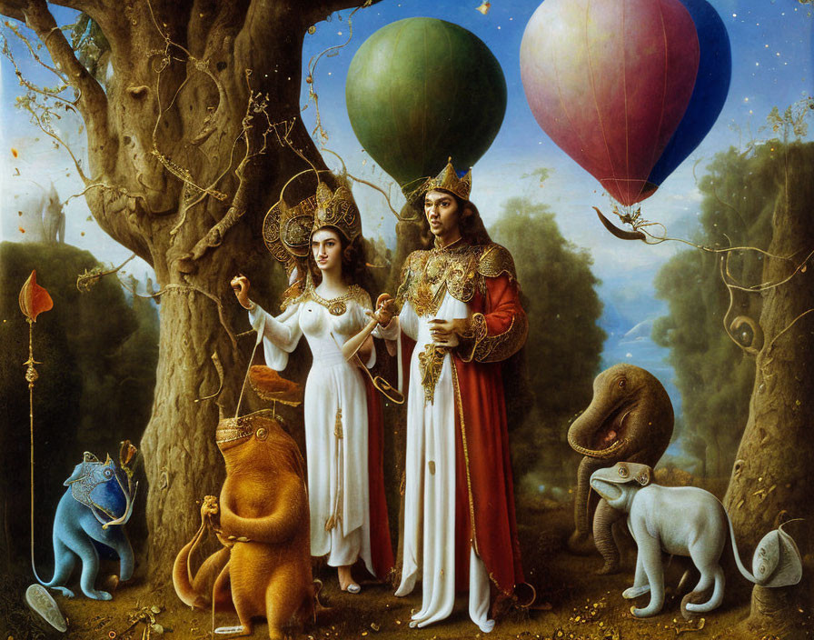 Regal figures with crowns and animals in a fantastical painting