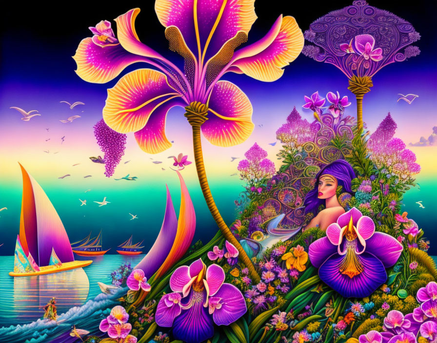 Colorful Artwork: Fantasy Flowers, Serene Woman, Boats on Calm Sea