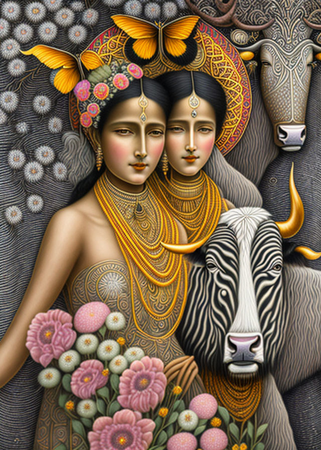 Artwork of two women with conjoined faces and a bull, adorned with gold jewelry