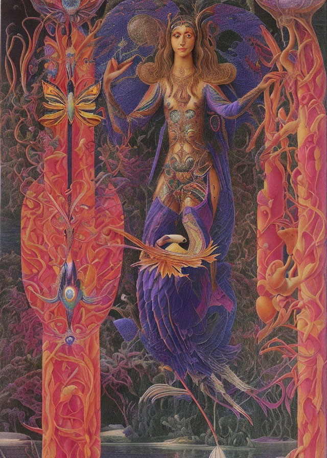 Fantasy-inspired painting of winged woman with body art, fiery plant-like forms, and bird creature