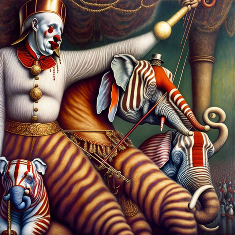 Surreal painting: Clown orchestrating elephants in circus setting