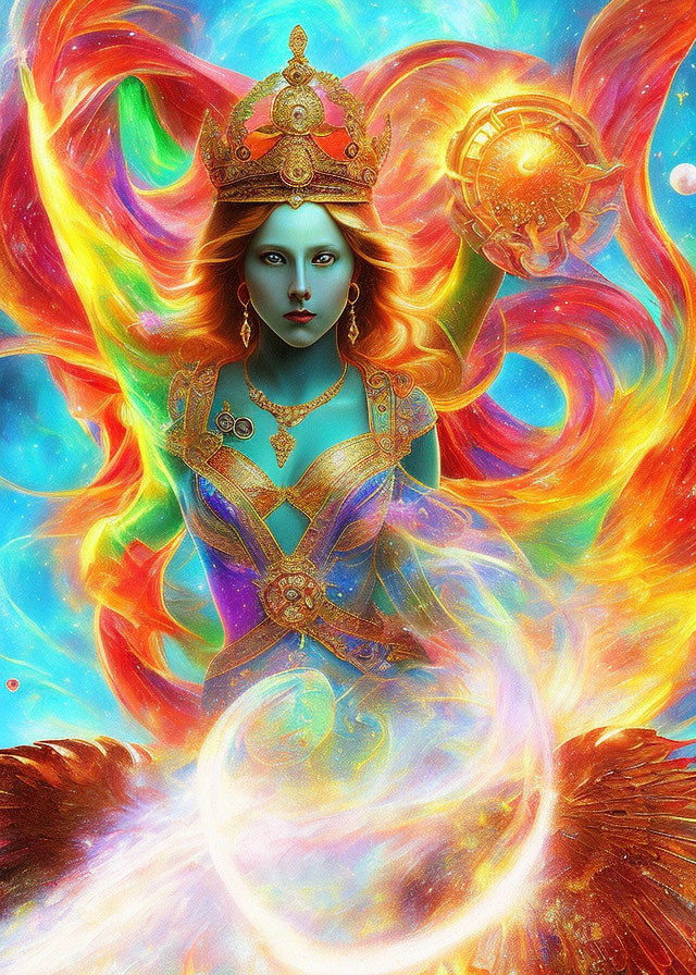 Colorful digital artwork of mystical female figure with blue skin and golden crown against cosmic background.