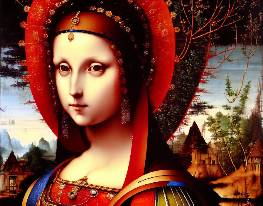 Digital Artwork: Mona Lisa's Face in Indian Attire on Renaissance Landscape