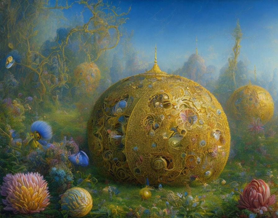 Fantastical landscape with golden structures and floating jellyfish-like entities