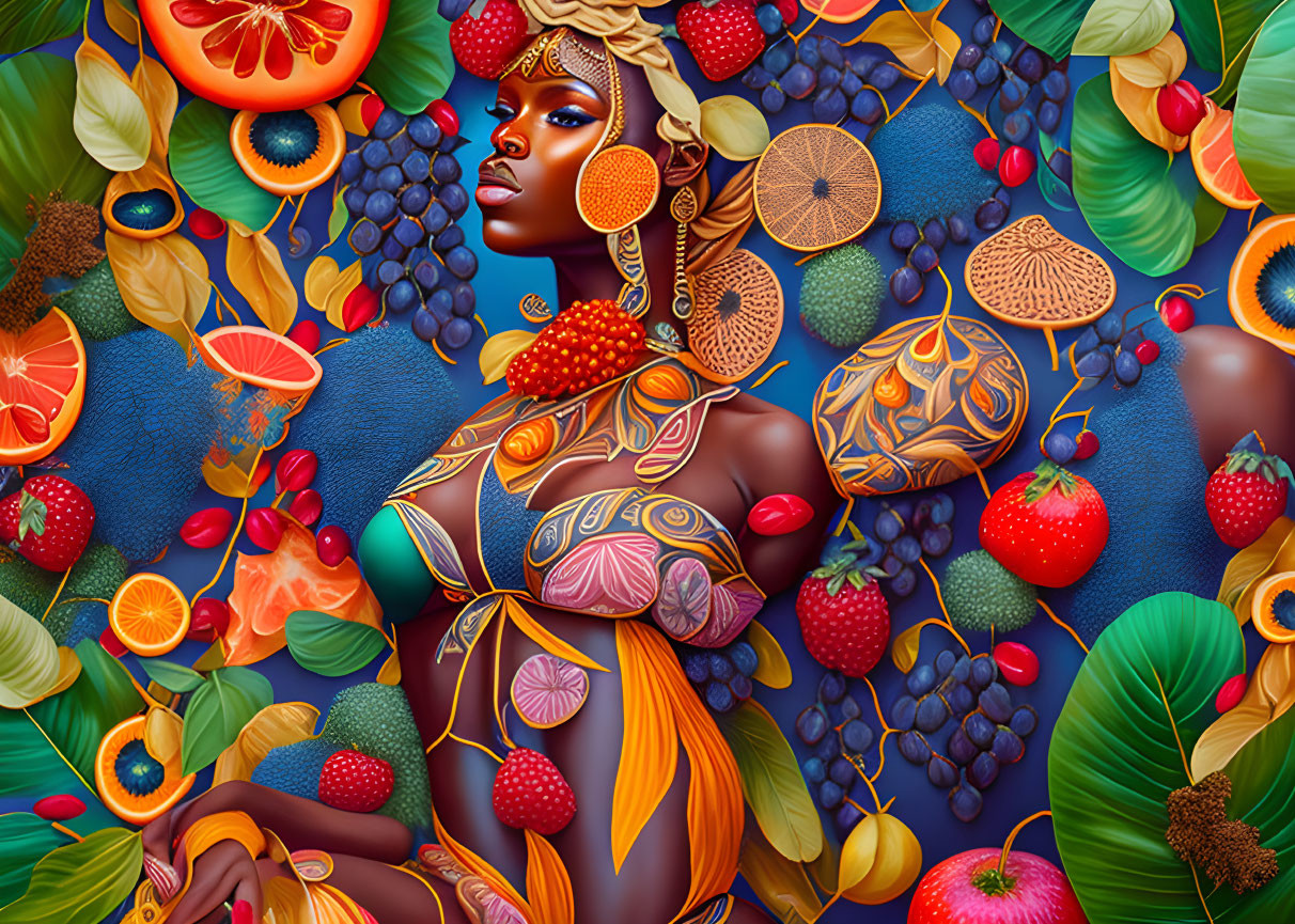 Vibrant Woman with Fruit and Floral Patterns