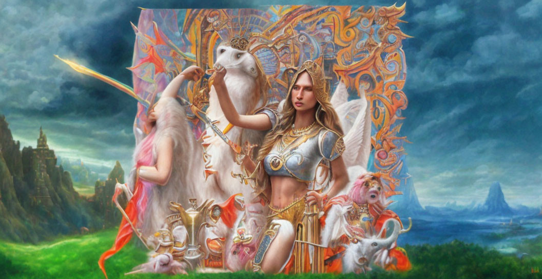 Female warrior with angelic wings, sword, mythical creatures, and mystical landscape.