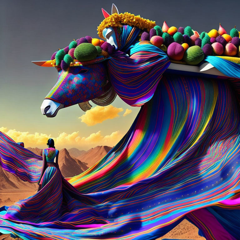 Colorful woman merges with majestic unicorn in surreal desert scene