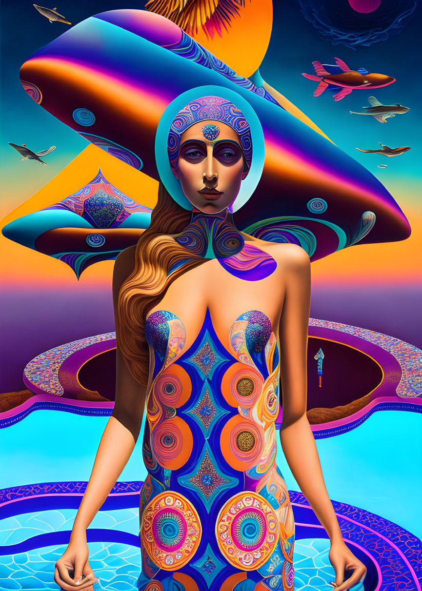 Vibrant digital artwork: Woman with intricate headpiece in surreal landscape