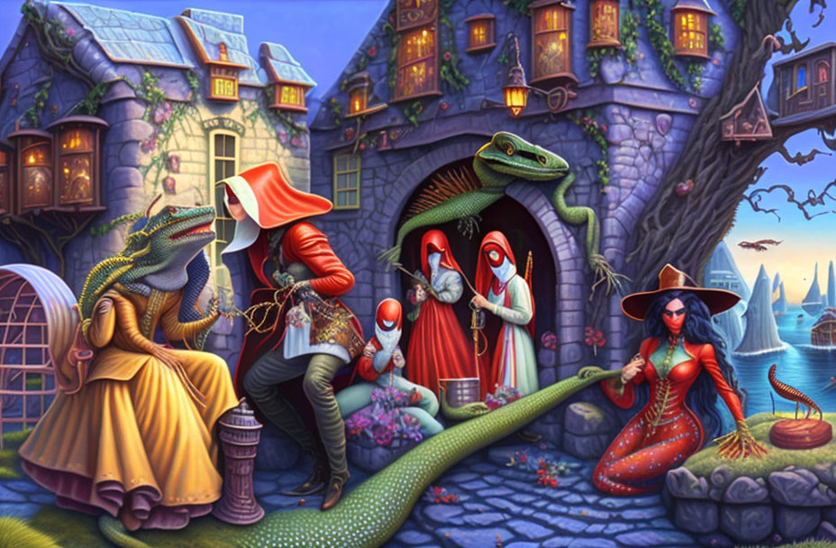 Illustration: Humanoid reptiles in fantasy village with fairy-tale humans