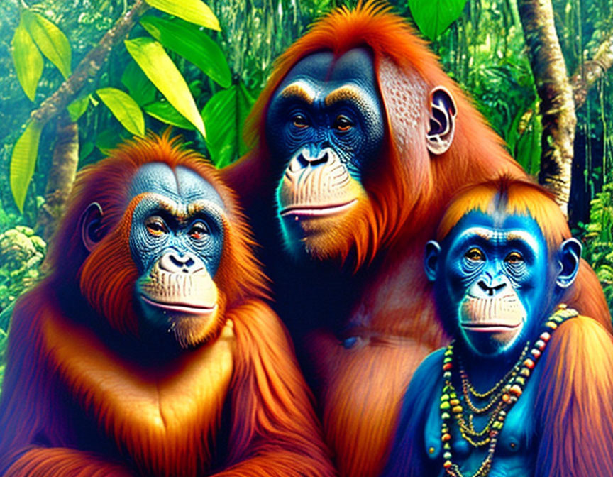 Colorful illustration of three expressive orangutans in a beaded jungle setting