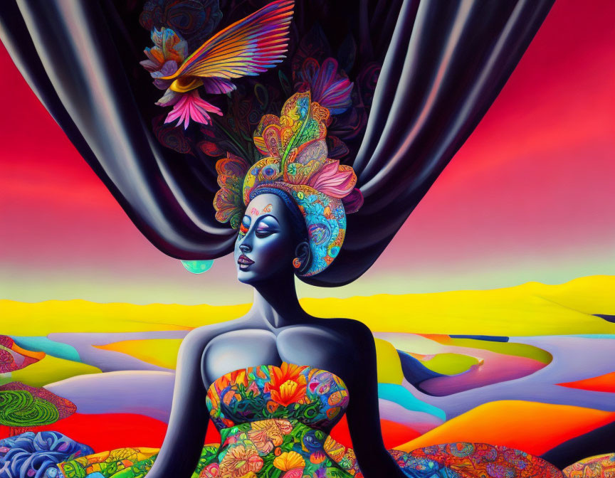 Colorful Artwork: Stylized Woman with Elaborate Headwear in Surreal Landscape