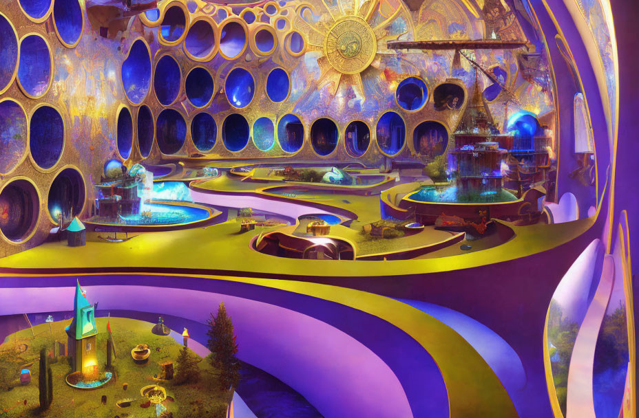 Psychedelic fantasy interior with organic shapes and golden accents