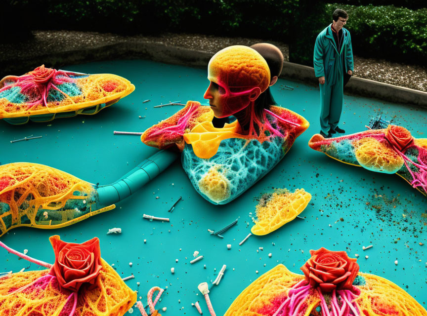 Colorful oversized anatomical models floating in pool scene