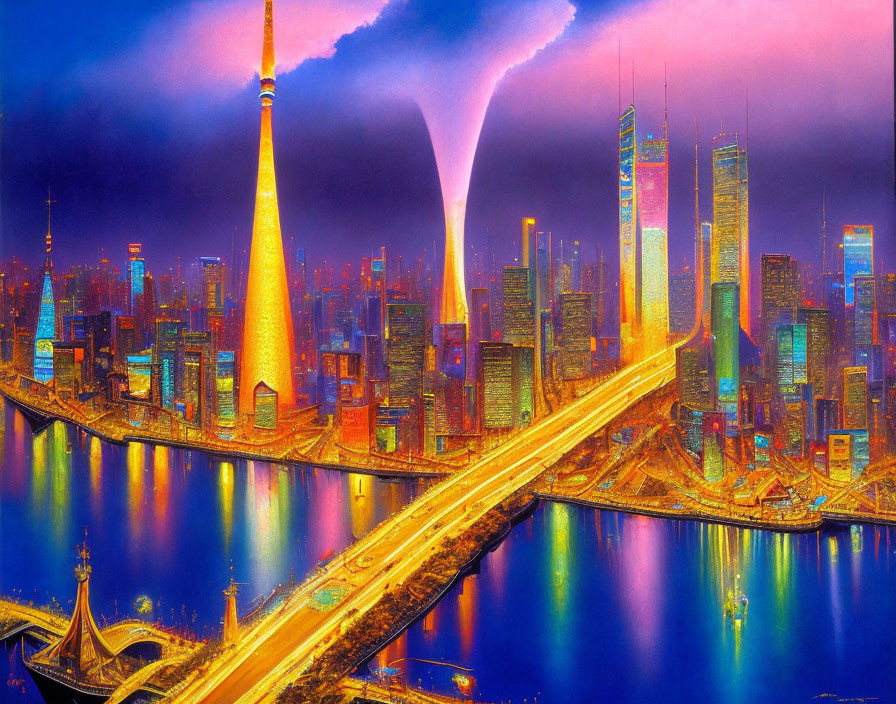 Futuristic cityscape with golden tower, luminous skyscrapers, tornado, bridge, and