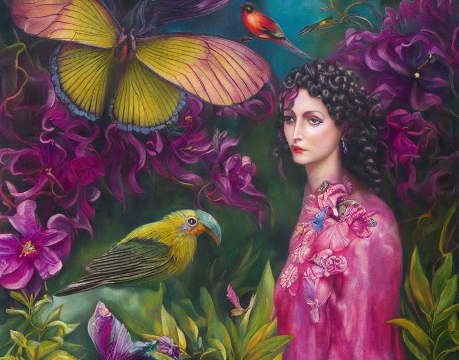 Woman in vibrant nature scene with butterflies, birds, magenta, and purple blooms