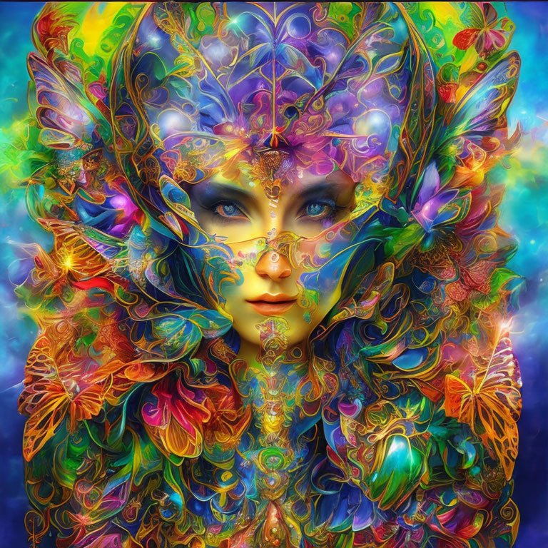 Colorful Floral and Abstract Patterns on Whimsical Face in Psychedelic Art