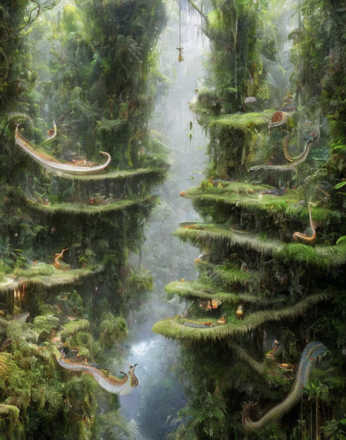 Fantastical forest landscape with mossy terrain and serpentine creatures